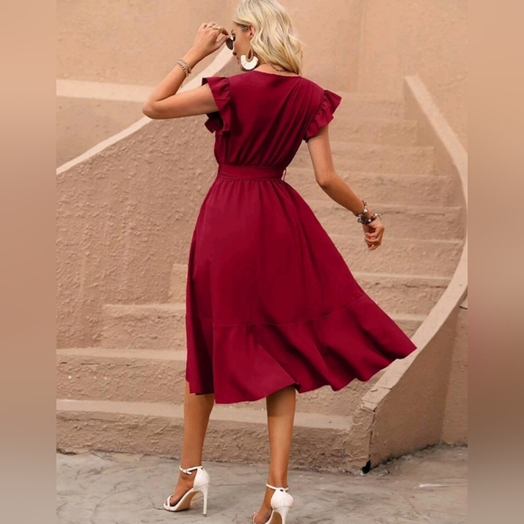 New Boho Ruffle Wrap Dress High Low Burgundy Red - Picture 4 of 8